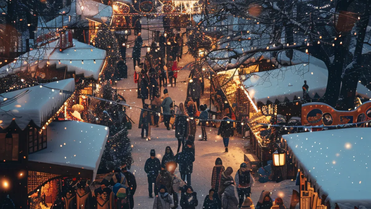 des personnes se promènent dans un marché de noel sous la neige